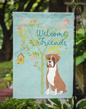 Load image into Gallery viewer, Welcome Friends Flashy Fawn Boxer Garden Flag – Teal Dog Yard Decor with Tree Illustration BB7582GF