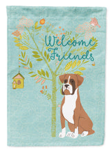 Load image into Gallery viewer, Welcome Friends Flashy Fawn Boxer Garden Flag – Teal Dog Yard Decor with Tree Illustration BB7582GF