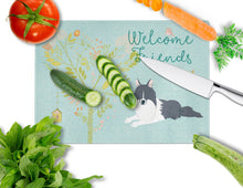 Load image into Gallery viewer, Welcome Friends Black White Collie Glass Cutting Boards – Durable, Decorative Kitchen Art Large BB7583LCB
