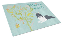 Load image into Gallery viewer, Welcome Friends Black White Collie Glass Cutting Boards – Durable, Decorative Kitchen Art Large BB7583LCB