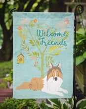 Load image into Gallery viewer, Welcome Friends Collie Garden Flag – Teal Dog Yard Decor with Tree Illustration BB7584GF