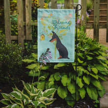 Load image into Gallery viewer, Welcome Friends Doberman Pinscher Garden Flag – Teal Dog Yard Decor with Tree Illustration BB7586GF