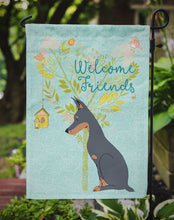 Load image into Gallery viewer, Welcome Friends Doberman Pinscher Garden Flag – Teal Dog Yard Decor with Tree Illustration BB7586GF
