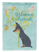 Load image into Gallery viewer, Welcome Friends Doberman Pinscher Garden Flag – Teal Dog Yard Decor with Tree Illustration BB7586GF