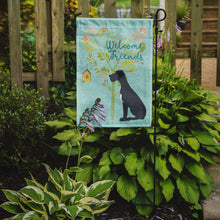 Load image into Gallery viewer, Welcome Friends Black Great Dane Garden Flag – Teal Dog Yard Decor with Tree Illustration BB7587GF