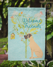 Load image into Gallery viewer, Welcome Friends Fawn Great Dane Natural Ears Garden Flag – Teal Dog Yard Decor with Tree Illustration BB7588GF