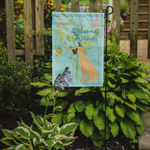 Load image into Gallery viewer, Welcome Friends Fawn Great Dane Cropped Ears Garden Flag – Teal Dog Yard Decor with Tree Illustration BB7589GF