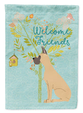 Load image into Gallery viewer, Welcome Friends Fawn Great Dane Cropped Ears Garden Flag – Teal Dog Yard Decor with Tree Illustration BB7589GF