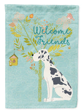 Load image into Gallery viewer, Welcome Friends Harlequin Great Dane Garden Flag – Teal Dog Yard Decor with Tree Illustration BB7590GF