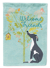 Load image into Gallery viewer, Welcome Friends Black White Greyhound Garden Flag – Teal Dog Yard Decor with Tree Illustration BB7592GF