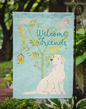 Load image into Gallery viewer, Welcome Friends Yellow Labrador Retriever Garden Flag – Teal Dog Yard Decor with Tree Illustration BB7596GF
