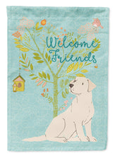 Load image into Gallery viewer, Welcome Friends Yellow Labrador Retriever Garden Flag – Teal Dog Yard Decor with Tree Illustration BB7596GF