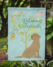 Load image into Gallery viewer, Welcome Friends Chocolate Labrador Retriever Garden Flag – Teal Dog Yard Decor with Tree Illustration BB7597GF