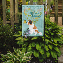 Load image into Gallery viewer, Welcome Friends Saint Bernard Garden Flag – Teal Dog Yard Decor with Tree Illustration BB7599GF