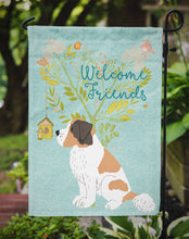 Load image into Gallery viewer, Welcome Friends Saint Bernard Garden Flag – Teal Dog Yard Decor with Tree Illustration BB7599GF