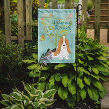 Load image into Gallery viewer, Welcome Friends Basset Hound Garden Flag – Teal Dog Yard Decor with Tree Illustration BB7600GF