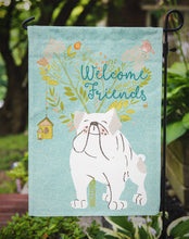 Load image into Gallery viewer, Welcome Friends English Bulldog White Garden Flag – Teal Dog Yard Decor with Tree Illustration BB7603GF