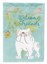 Load image into Gallery viewer, Welcome Friends English Bulldog White Garden Flag – Teal Dog Yard Decor with Tree Illustration BB7603GF