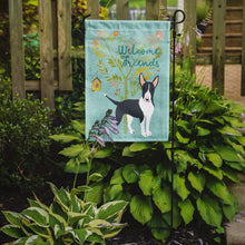 Load image into Gallery viewer, Welcome Friends Black Bull Terrier Garden Flag – Teal Dog Yard Decor with Tree Illustration BB7604GF