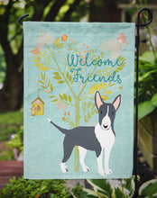 Load image into Gallery viewer, Welcome Friends Black Bull Terrier Garden Flag – Teal Dog Yard Decor with Tree Illustration BB7604GF