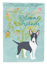 Load image into Gallery viewer, Welcome Friends Black Bull Terrier Garden Flag – Teal Dog Yard Decor with Tree Illustration BB7604GF