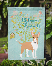 Load image into Gallery viewer, Welcome Friends Brown Bull Terrier Garden Flag – Teal Dog Yard Decor with Tree Illustration BB7605GF