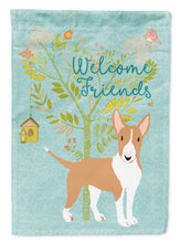 Load image into Gallery viewer, Welcome Friends Brown Bull Terrier Garden Flag – Teal Dog Yard Decor with Tree Illustration BB7605GF