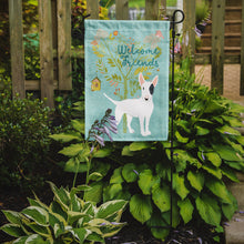 Load image into Gallery viewer, Welcome Friends White Patched Bull Terrier Garden Flag – Teal Dog Yard Decor with Tree Illustration BB7607GF