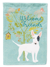 Load image into Gallery viewer, Welcome Friends White Patched Bull Terrier Garden Flag – Teal Dog Yard Decor with Tree Illustration BB7607GF