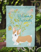 Load image into Gallery viewer, Welcome Friends Pembroke Welsh Corgi Red Garden Flag – Teal Dog Yard Decor with Tree Illustration BB7608GF