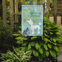 Load image into Gallery viewer, Welcome Friends White Poodle Garden Flag – Teal Dog Yard Decor with Tree Illustration BB7614GF