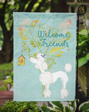 Load image into Gallery viewer, Welcome Friends White Poodle Garden Flag – Teal Dog Yard Decor with Tree Illustration BB7614GF