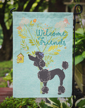 Load image into Gallery viewer, Welcome Friends Black Poodle Garden Flag – Teal Dog Yard Decor with Tree Illustration BB7615GF