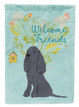 Load image into Gallery viewer, Welcome Friends Black Cocker Spaniel Garden Flag – Teal Dog Yard Decor with Tree Illustration BB7618GF