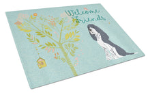 Load image into Gallery viewer, Welcome Friends Black Springer Spaniel Glass Cutting Boards – Durable, Decorative Kitchen Art Large BB7621LCB