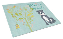 Load image into Gallery viewer, Welcome Friends Black Staffie Glass Cutting Boards – Durable, Decorative Kitchen Art Large BB7623LCB