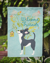 Load image into Gallery viewer, Welcome Friends Black White Chihuahua Garden Flag – Teal Dog Yard Decor with Tree Illustration BB7627GF
