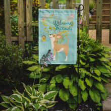 Load image into Gallery viewer, Welcome Friends Brown White Chihuahua Garden Flag – Teal Dog Yard Decor with Tree Illustration BB7628GF