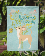 Load image into Gallery viewer, Welcome Friends Brown White Chihuahua Garden Flag – Teal Dog Yard Decor with Tree Illustration BB7628GF