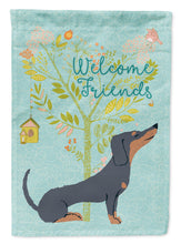 Load image into Gallery viewer, Welcome Friends Black Tan Dachshund Garden Flag – Teal Dog Yard Decor with Tree Illustration BB7630GF