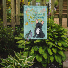 Load image into Gallery viewer, Welcome Friends Black French Bulldog Garden Flag – Teal Dog Yard Decor with Tree Illustration BB7632GF