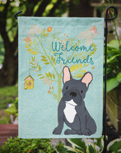 Load image into Gallery viewer, Welcome Friends Black French Bulldog Garden Flag – Teal Dog Yard Decor with Tree Illustration BB7632GF