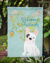 Load image into Gallery viewer, Welcome Friends Piebald French Bulldog Garden Flag – Teal Dog Yard Decor with Tree Illustration BB7634GF