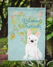 Load image into Gallery viewer, Welcome Friends White French Bulldog Garden Flag – Teal Dog Yard Decor with Tree Illustration BB7635GF