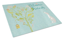 Load image into Gallery viewer, Welcome Friends Italian Greyhound Glass Cutting Boards – Durable, Decorative Kitchen Art Large BB7636LCB