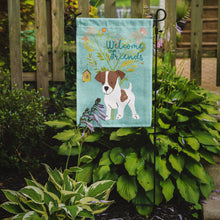 Load image into Gallery viewer, Welcome Friends Jack Russell Terrier Puppy Garden Flag – Teal Dog Yard Decor with Tree Illustration BB7638GF