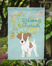 Load image into Gallery viewer, Welcome Friends Jack Russell Terrier Puppy Garden Flag – Teal Dog Yard Decor with Tree Illustration BB7638GF