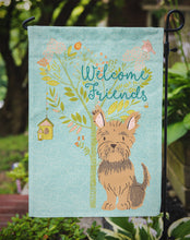 Load image into Gallery viewer, Welcome Friends Yorkie Garden Flag – Teal Dog Yard Decor with Tree Illustration BB7641GF