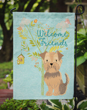 Load image into Gallery viewer, Welcome Friends Yorkie Natural Ears Garden Flag – Teal Dog Yard Decor with Tree Illustration BB7642GF