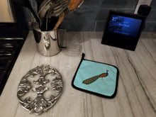 Load image into Gallery viewer, Indian Peacock Peafowl Blue Check Pot Holders - Set of 2 - Heat-Resistant Kitchen Essentials BB8099PTHD
